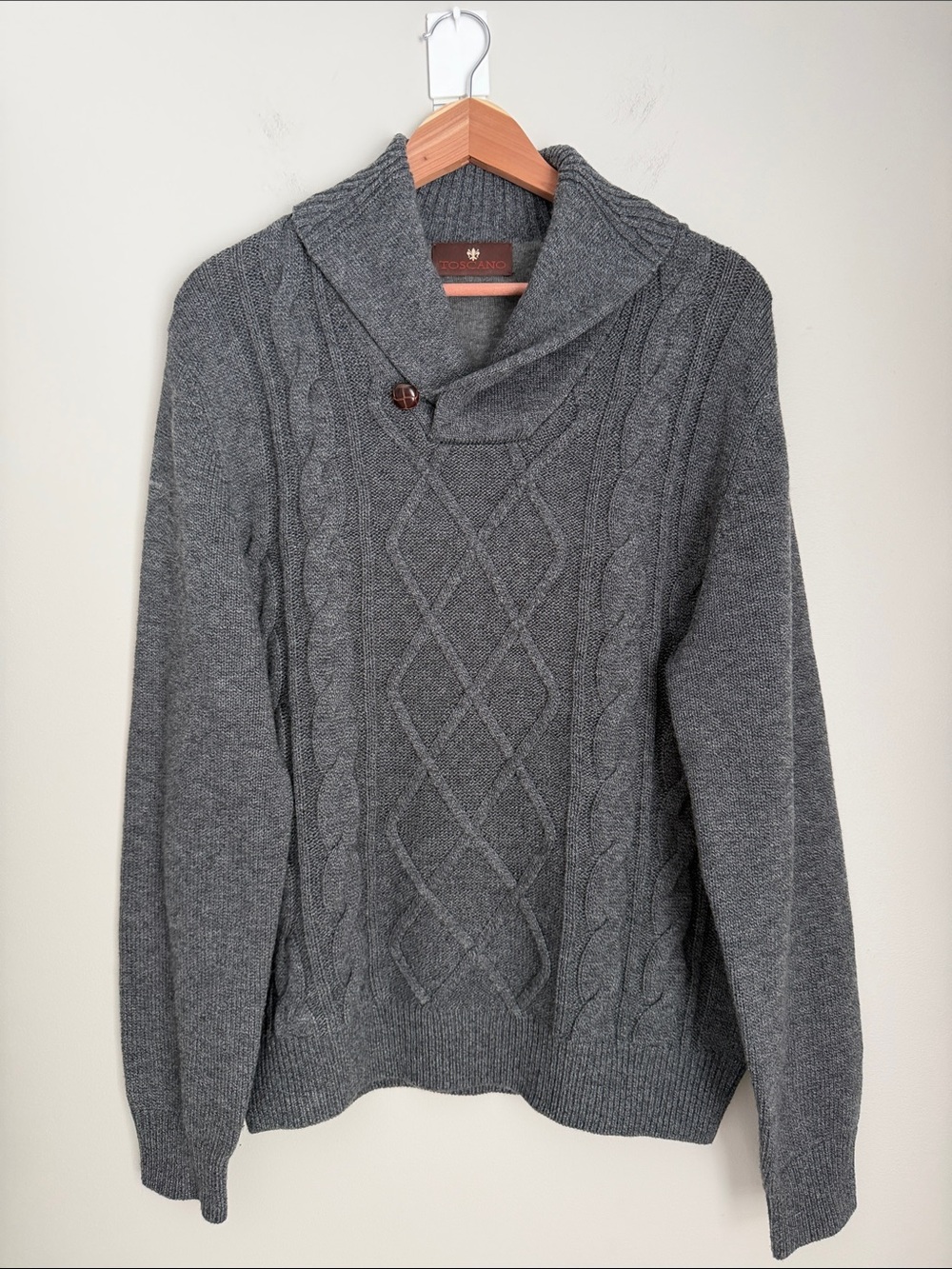 Toscano Mens L Merino Wool Cable Knit Sweater Gray Shawl Collar Fisherman